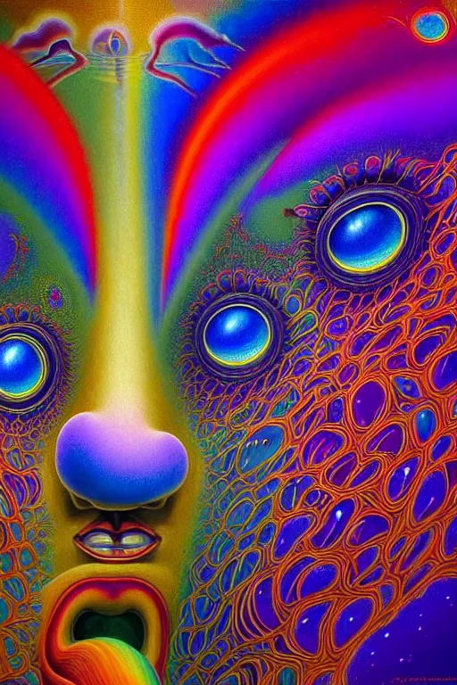 Image similar to hyperrealistic abstract close-up Renaissance psychedelic!! celestial happy! pure creature!! peaceful! kind spirit of nature! beautiful fractal!! eyes! highly detailed concept art eric zener elson peter cinematic hard rainbow lighting high angle hd 8k sharp shallow depth of field endless, inspired by Zdzisław Beksiński Salvador Dali