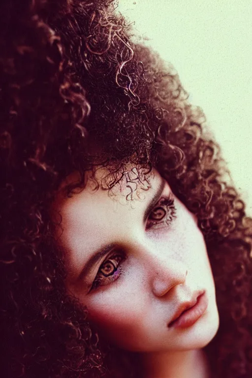 Prompt: vintage arabian gothic, face closeup of curly haired woman, highly detailed face, cinestill 8 0 0 t, ultra realistic