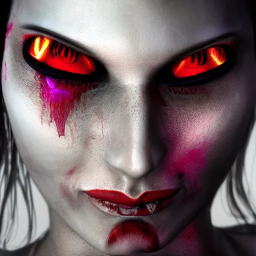 Image similar to photorealistic devil woman. hyperdetailed photorealism, 1 0 8 megapixels, amazing depth, high resolution, 3 d shading, 3 d finalrender, 3 d cinematic lighting, glowing rich colors, psychedelic overtones, artstation concept art.