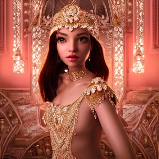 Image similar to portrait of pretty princess with perfect skin, glowing, ornate and intricate diamond jewelry, jaw dropping beauty, ornate and intricate backdrop, white accent lighting, hyper detailed, 4 k octane render