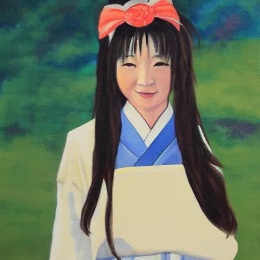 Image similar to a painting of Japanese schoolgirl, clothed, Epic