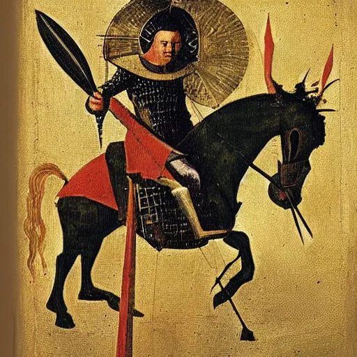 Image similar to maximus decimus with armor and sword fire effect by hieronymus bosch