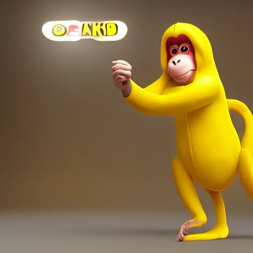 Image similar to digital art of a monkey in a banana costume, 8 k render, octane render, saturated