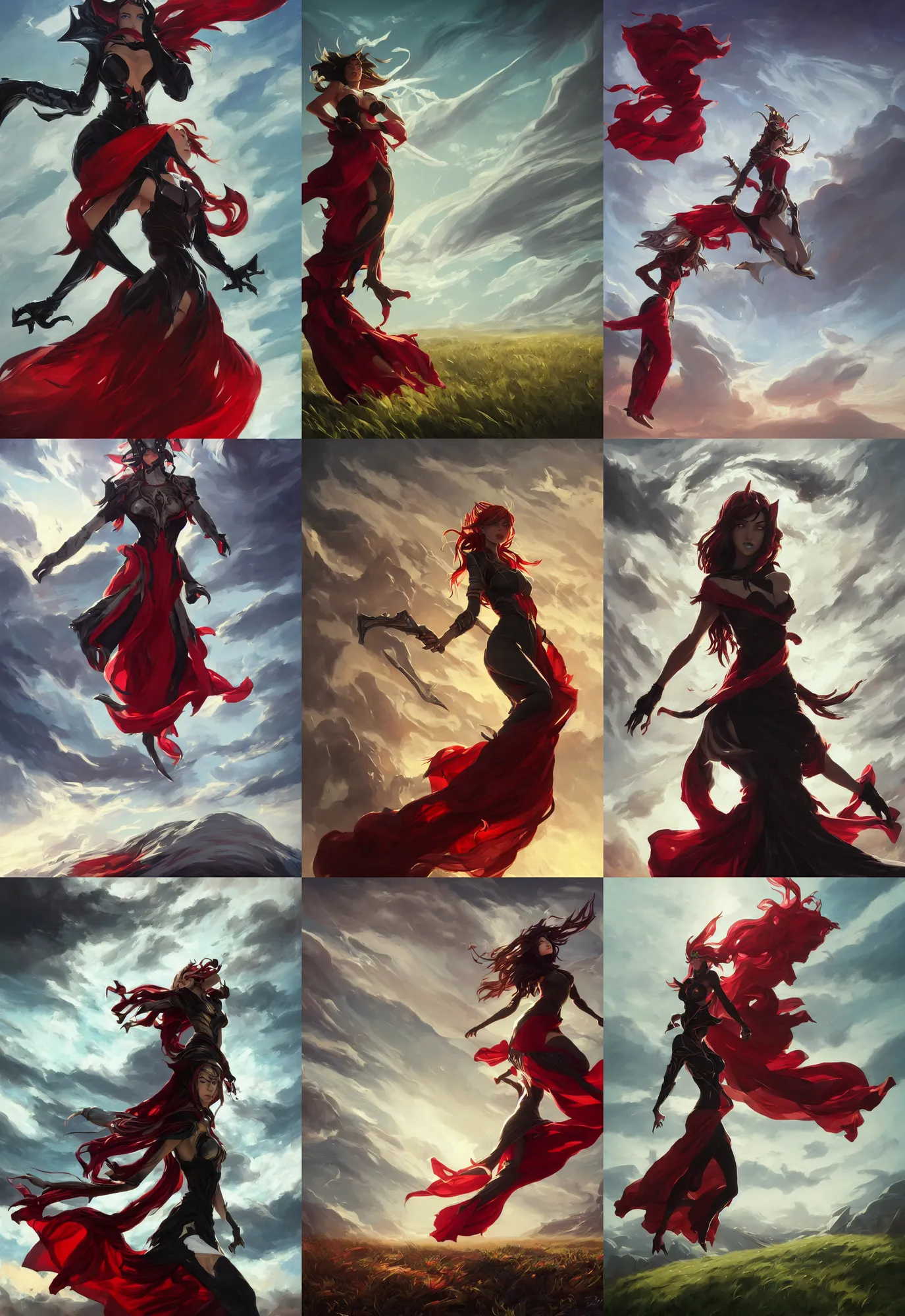 Prompt: league of legends and warframe art, single levitating girl in black and red and white maxi dresses between clouds above green fields in sunset light, close up portrait, elegant, intricate, digital painting, artstation, concept art, golden hour, epic composition, smooth, sharp focus, illustration, art by ed mell and Daniel F. Gerhartz and Jacek Malczewski and gustav klimt, Tibor Nagy
