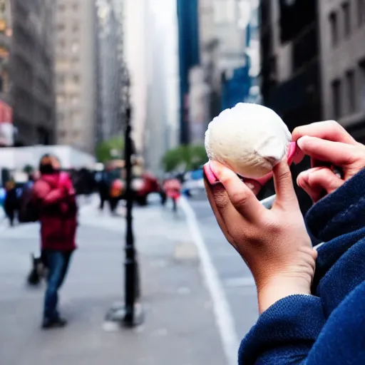 Prompt: photograph of a crying man holding a tiny small ball of ice cream in nyc.