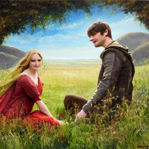 Prompt: bradley james and colin morgan are in a beautiful meadow in love and happy. from the television show merlin ( 2 0 0 8 ). ; high - detailed oil painting by igor sychev and mark keathley trending on artstation, masterpiece, 4 k