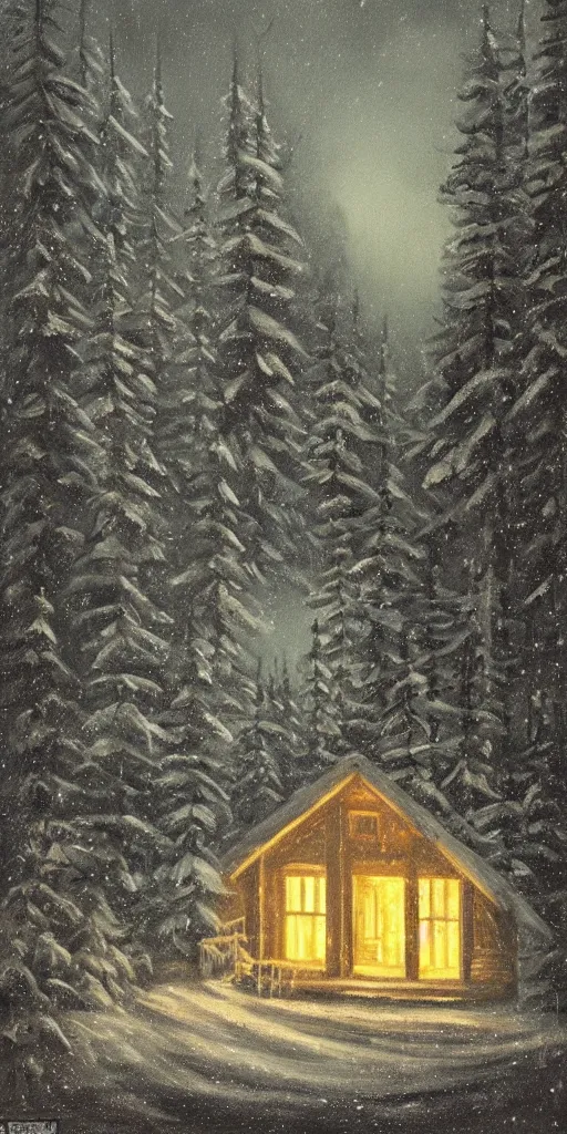 Image similar to snowy forest night scene in a single wooden cabin surrounded by the woods with one illuminated window, horror dark contrast, oil painting