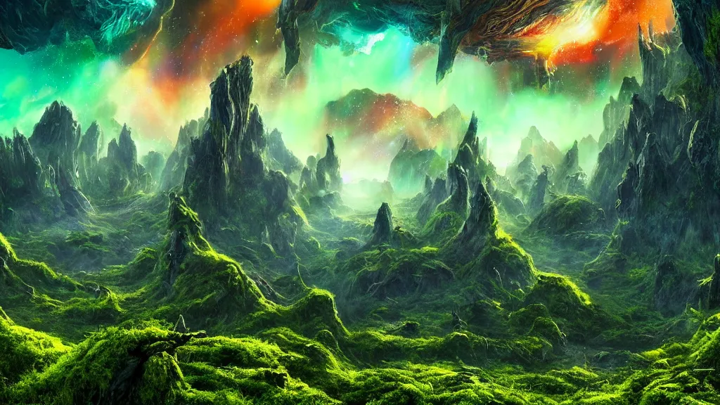 Prompt: an alien landscape view, alien sky, star in the sky, alien waterfall, alien trees, alien colorful greenery, alien mountains, epic lighting, epic composition, 4 k, detailed, realistic