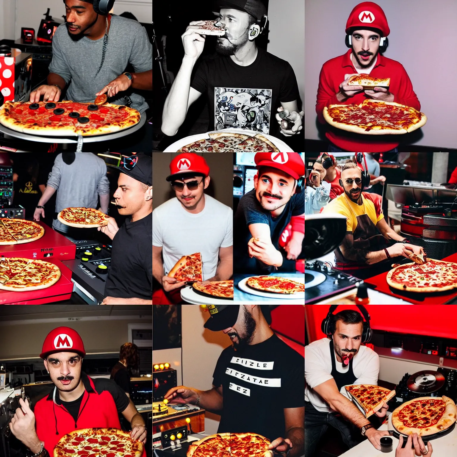 Prompt: Mario eating pizza while wearing heaphones DJing with DJ turntables, unreal