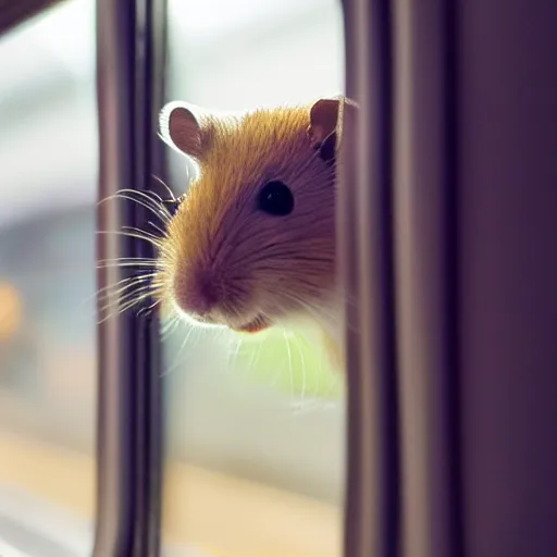 Prompt: photo of a hamster inside a train, looking out of a train window, various poses, unedited, soft light, sharp focus, 8 k