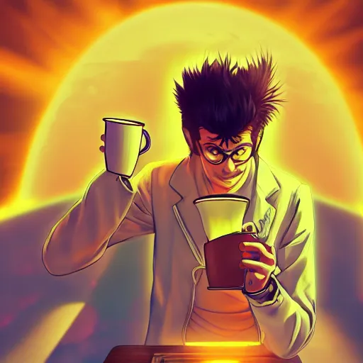 Prompt: A man drinking a cup of cosmic energy, bright light, by Masafumi Harada, 4k, digital art, surreal, anime style, space dandy style, highly detailed, godsend, artstation