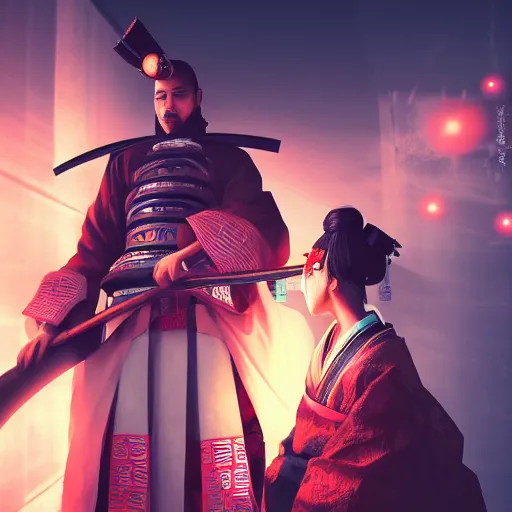 Prompt: A Japanese samurai with a Japanese geisha. 8K 3D acrylic art colourful CryEngine beautiful artwork digital illustration DSLR HDR glowing neon maximalist polished pixiv Unreal Engine vast clear photo filigree designs , by SiChen Wang