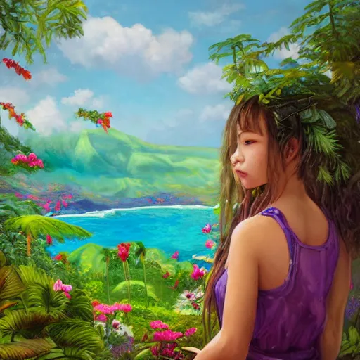 Image similar to A detailed and intricately painted scene of a girl looking at a beautiful Hawaiian landscape of flowers and clear blue waters, featured on ArtStation, trending on ArtStation, cgsociety, trending on 500px, deviantart