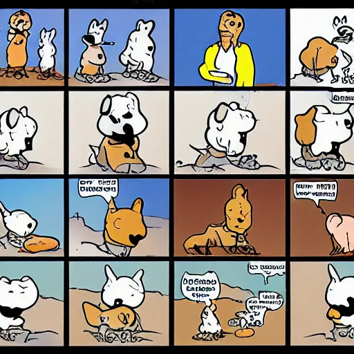 Prompt: eastern european cartoon strip of a miserable unlucky dog