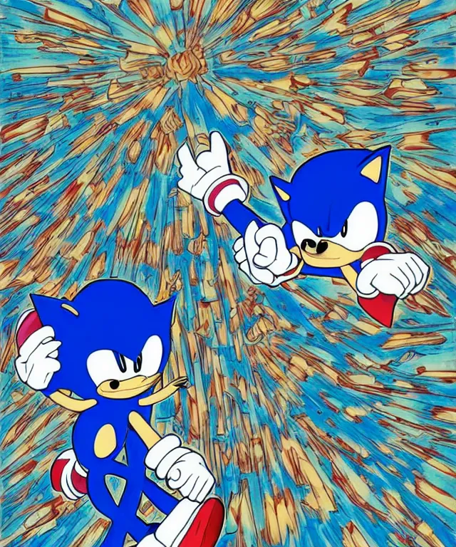 Prompt: sonic the hedgehog illustration, art by shintaro kago