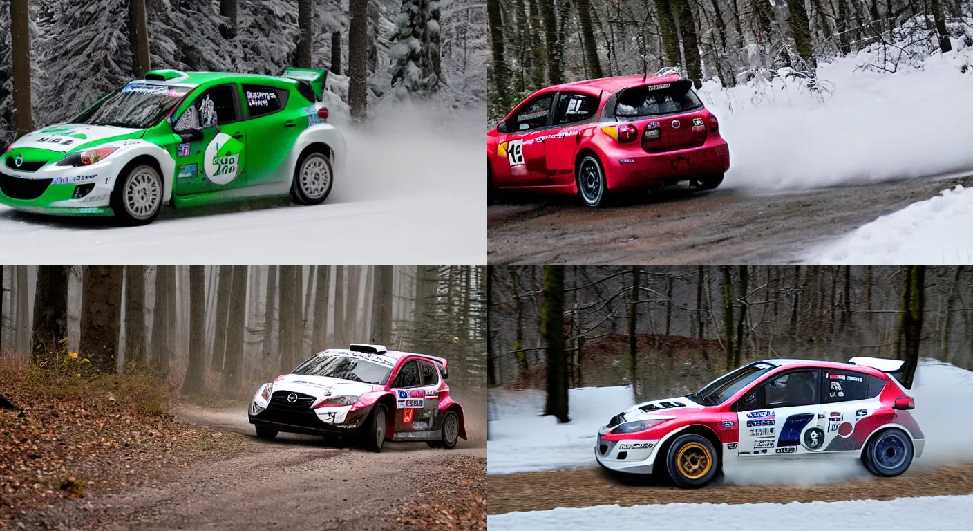 Prompt: a 2 0 0 9 mazda mazdaspeed 3, racing through a rally stage in a snowy forest