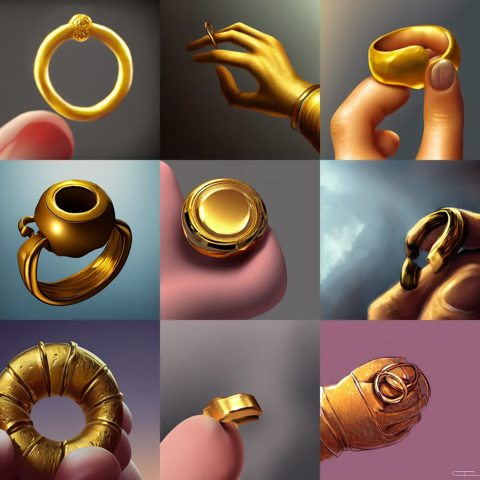 Prompt: a golden ring being held between an index finger and a thumb, highly detailed, digital painting, Artstation, concept art, smooth, sharp focus, illustration
