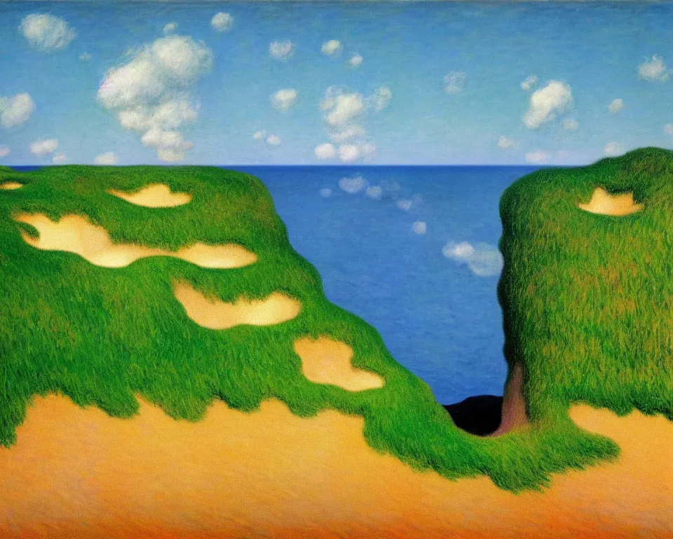 Image similar to achingly beautiful painting of pacific dunes hole 1 3 by rene magritte, monet, and turner.