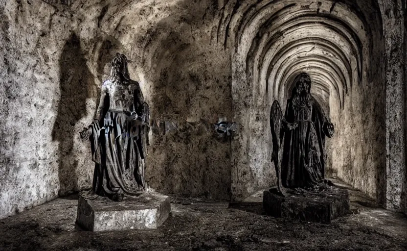 Image similar to decrepit creepy statue of the archangel gabriel staring at the camera, in the middle of a cavernous dark old catacomb, realistic, pitch black, depth of field, wide shot, sinister, bad lighting, foreboding, blurry, grainy photo