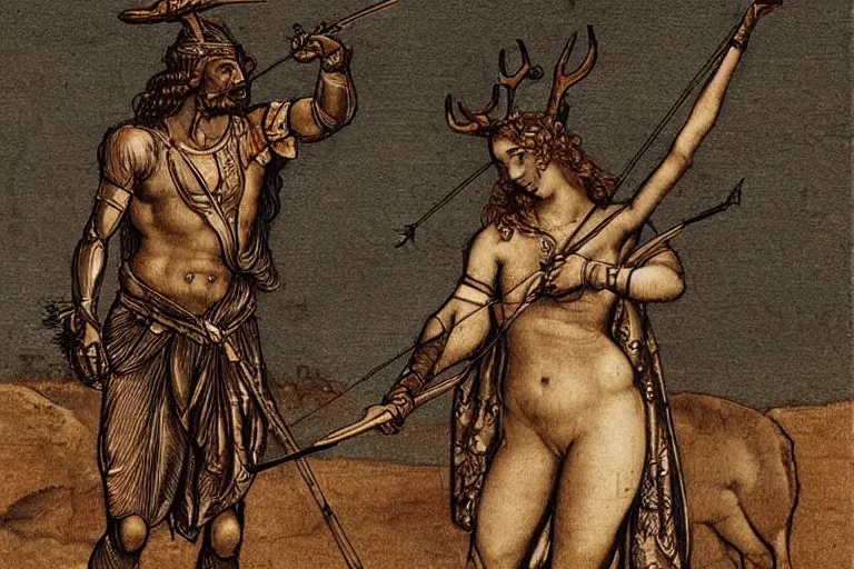 Prompt: Vintage, detailed, sketch of the goddess artemis aiming a bow at a cyborg deer. Art style of Leonardo da Vinci