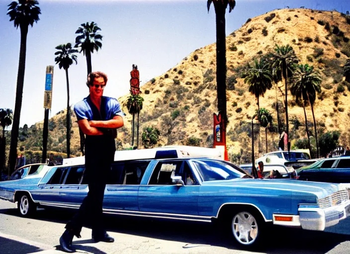 Image similar to color photo. a cool handsome photomodel lening against a limousine on hollywood boulevard in the 8 0's. showing money. hollywood sign in the background