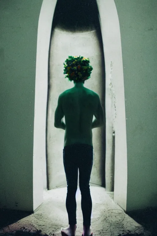 Image similar to kodak portra 4 0 0 photograph of a skinny guy looking into a otherworldly portal, flower crown, back view, vaporwave colors, grain, moody lighting, moody aesthetic,