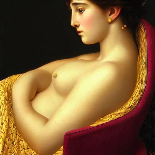Prompt: beautiful golden portrait of Liv Sage, Grand Odalisque intricate oil painting by John William Godward and Anna Dittman by J-H 768-C2.0