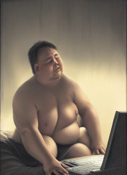 Image similar to insanely detailed chiaroscuro image of a exhausted - looking slightly fat casually - dressed programmer guy on his knees facing his glowing ultrawide computer monitor monitor begging it for forgiveness, oil on canvas, masterwork, fine detail, trending on artstation, emotive, insanely compelling, ryden, koons, moebius