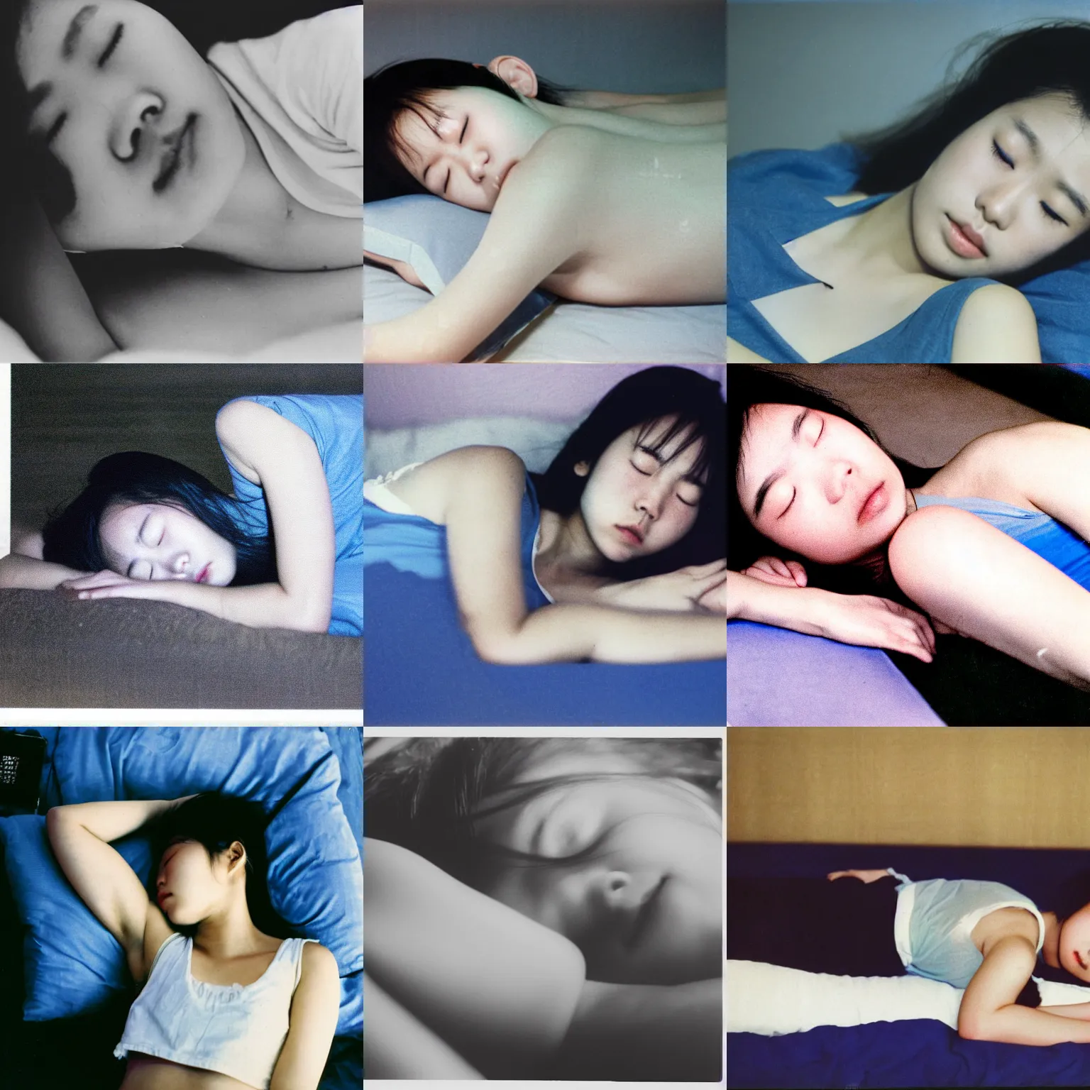 Prompt: A long-shot, blue color photograph portrait of a sleeping young Japanese woman in sleeveless white shirt lying on her back on the futon on tatami, night, dark cool twilight, 1990 photo from Japanese photograph Magazine.