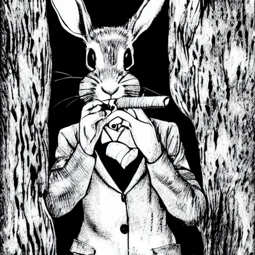 Image similar to a rabbit smoking a cigarette deep in the forest, striking pose, black and white illustration, creative design by junji ito