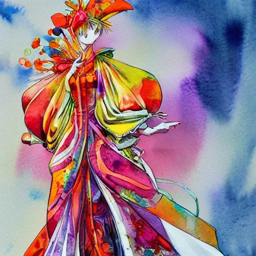 Image similar to watercolor painting of an elegant figure wearing colorful clothing, concept art, fashionable, by yoshitaka amano