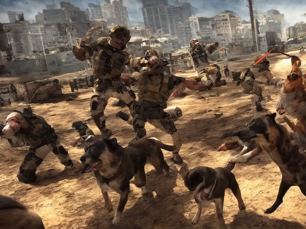 Prompt: dogs fighting humans, 3rd person shooter, unreal engine