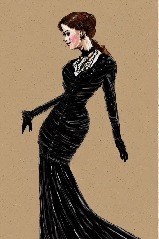 Image similar to Pretty victorian woman in a black shiny dress, fullbody portrait, character concept art