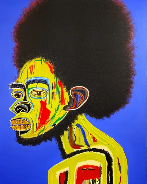 Image similar to A extremely ultra highly detailed majestic hi-res beautiful immaculate head and shoulders award winning painting stunning masterpiece of the face of a strong black african warrior man with an afro by Jean-Michel Basquiat, 8k, high textures, ultra hyper sharp, insanely detailed and intricate, super detailed, 8k HDR ultra high quality