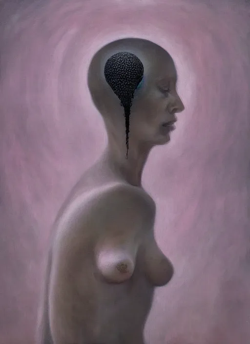 Image similar to dramatic portrait painting of woman with black mandelbrot fractal instead of face, in style of zdzisław beksinski,