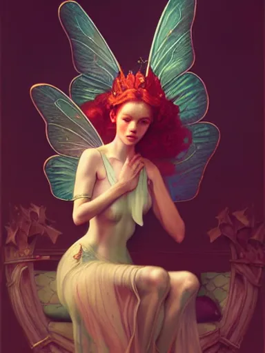 Image similar to the fairy queen on her throne, by james jean, charlie bowater, tom bagshaw, nikolay makovsky : : portrait, character, illustration, hyperrealism, photorealism, digital art, concept art, fantasy, whimsy, weta, wlop, artstation