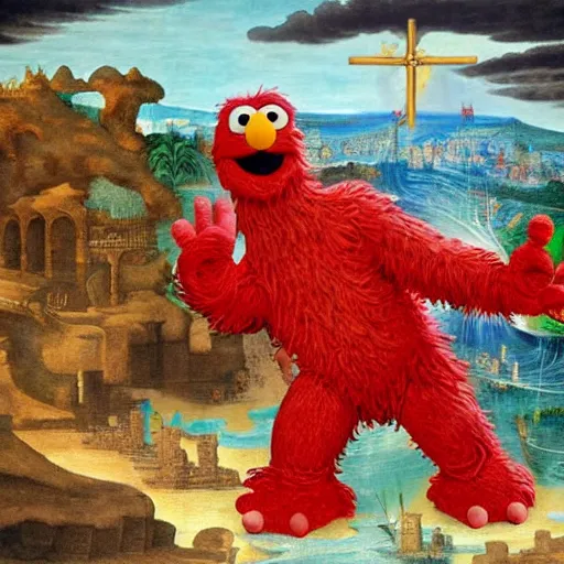 Prompt: A religious illustration of giant Elmo from sesame street being depicted as a kaiju destroying a beach city, highly detailed oil painting, 4K painted by Michelangelo and Rembrandt