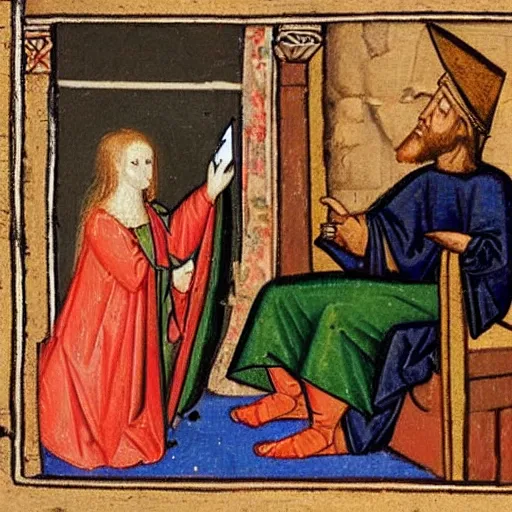 Prompt: medieval painting of the devil tempting a woman checking her iphone