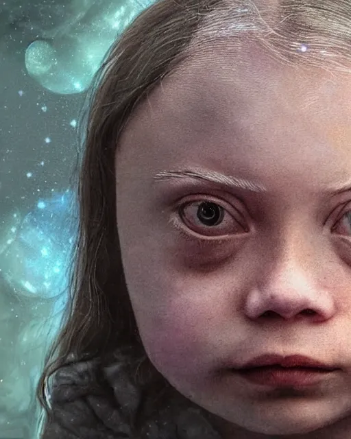 Image similar to closeup face profile portrait of greta thunberg as a soviet chernobyl space toy, bikini, depth of field, zeiss lens, detailed and intricate environment, fashion photoshoot by nicoletta ceccoli, mark ryden, lostfish, breathtaking, 8 k resolution, artistic, hyperrealistic, octane render