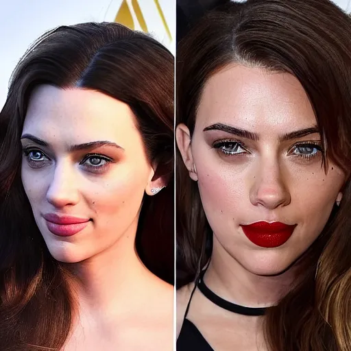 Image similar to a woman who is a genetic combination of kim kardashian and kat dennings and scarlett johansson and margot robbie and emma watson, face and upper - body focus