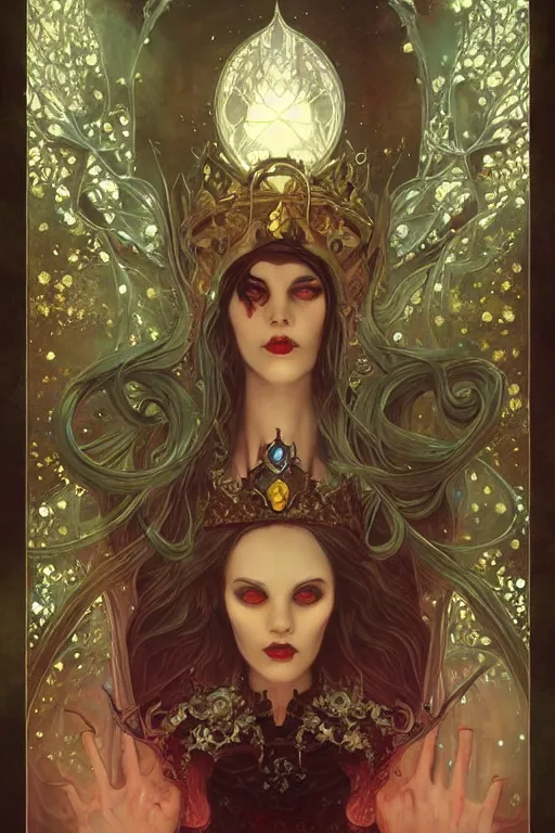 Image similar to jeweled Crown, other worldly, fairy necromancer court, bones, art nouveau, by Anato Finnstark, Tom Bagshaw, Brom