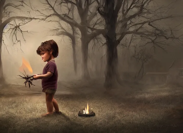 Image similar to little impish friend with matches leads into a spooky neighborhood digital art concept art highly realistic photography medium format portrait
