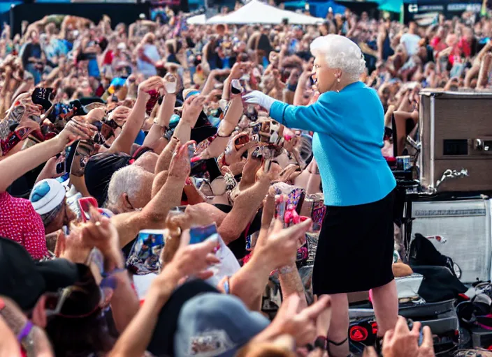 Image similar to photo still of queen elizabeth at vans warped tour!!!!!!!! at age 7 0 years old 7 0 years of age!!!!!!! throwing down in the mosh pit, 8 k, 8 5 mm f 1. 8, studio lighting, rim light, right side key light