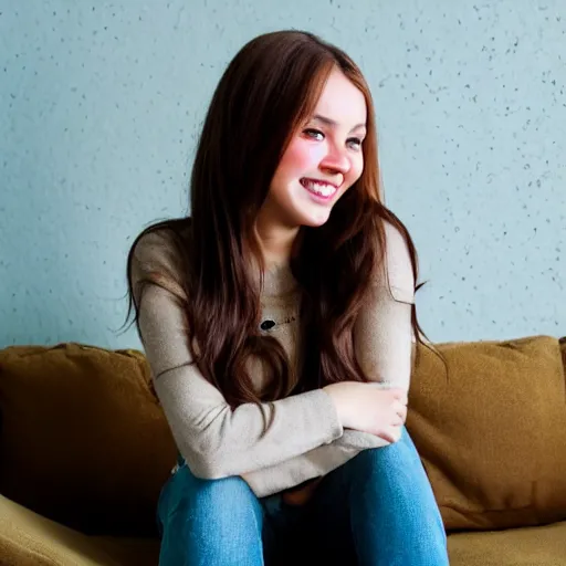 Image similar to a cute young woman smiling, long shiny bronze brown hair, full round face, green eyes, medium skin tone, light cute freckles, smiling softly, wearing casual clothing, relaxing on a modern couch, interior lighting, cozy living room background, medium shot, mid-shot, soft focus