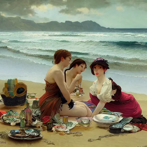 Image similar to a picnic on the beach by by tsuyoshi nagano, greg rutkowski, alphonse mucha