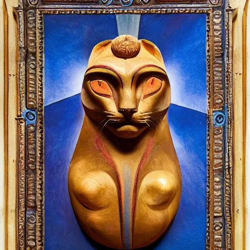 Image similar to sacred ancient polychrome cat head sculpture, by annie swynnerton and diego rivera and nicholas roerich and jean delville, symbolist, dramatic lighting, god rays, elaborate geometric ornament, art brut, rich colors, smooth sharp focus, extremely detailed, adolf wolfli