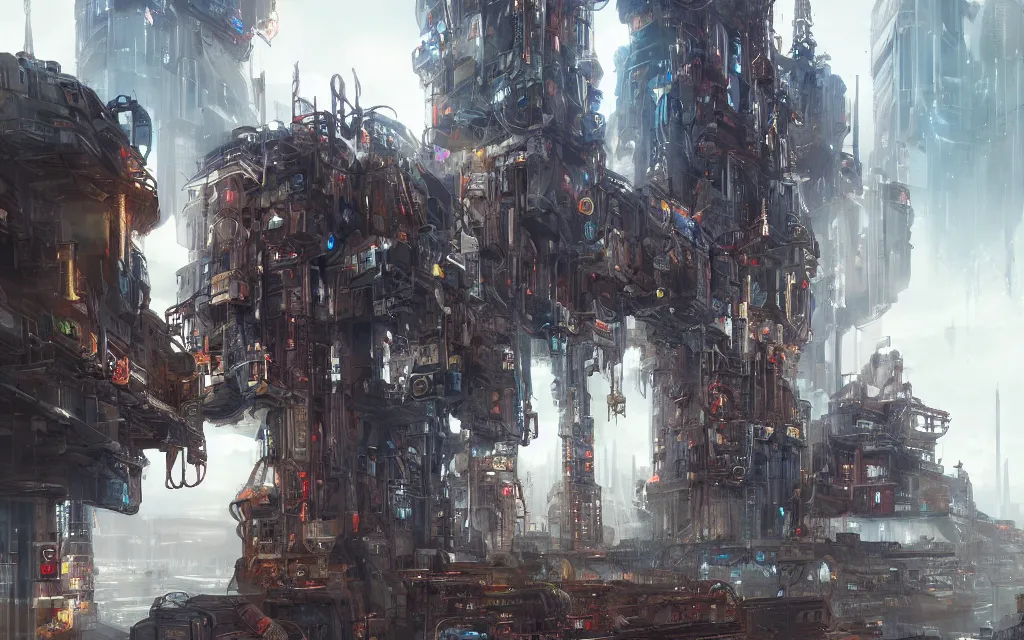 Prompt: gigantic mechanic megastructure tower, warhammer, cyberpunk, artstation, concept art, art by mebius