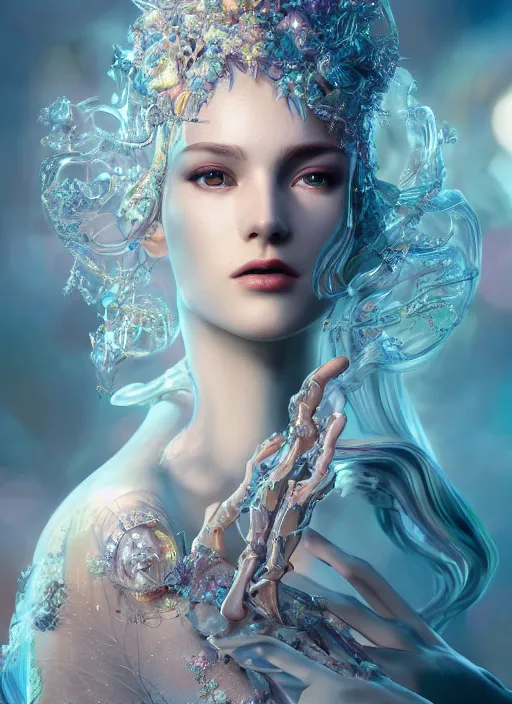 Prompt: beauteous practical sumptuous biomechanical with incredible iridescent pearlescent voluminous hair, crystalline masterpiece incrustations, hyperdetailed face, elegant pose, movie still, cinematic forest lighting, intricate accuracy, octane render, cgsociety, artgerm, unreal engine, crepuscular rays, god rays