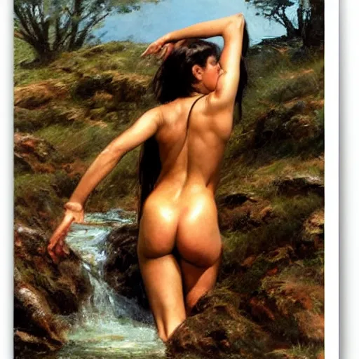 Prompt: !dream a barbarian woman washing her hair in a stream with her back turned, bending over, full body, by frank franzetta