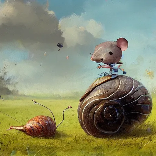 Prompt: tiny mouse riding a large snail across a field, painting by ismail inceoglu,